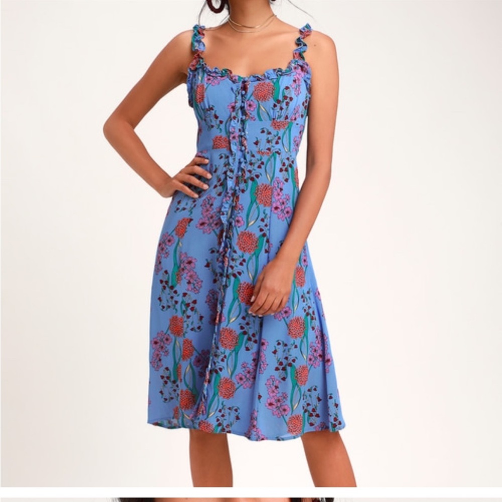 Astr the label blue blended ruffle trim midi dress